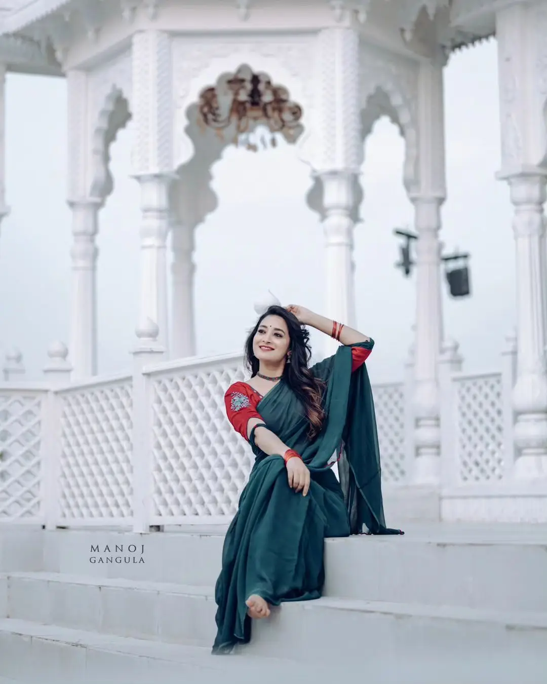 ETV Actress Bhanu Sri in Beautiful Green Saree Red Blouse